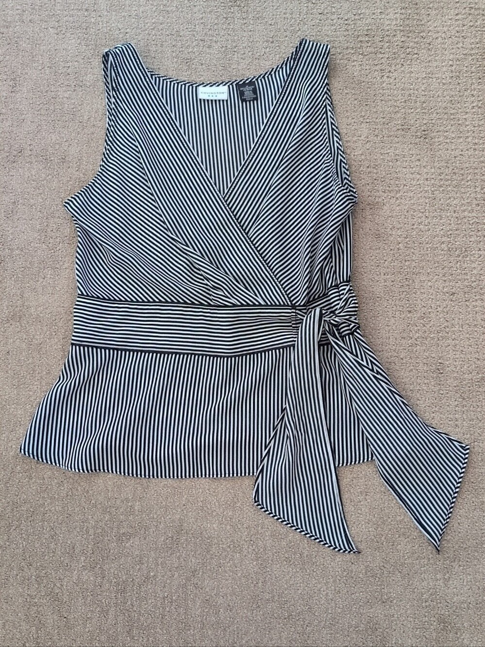 Covington Black And White Sleeveless Striped Wrap Bow V Neck Tank